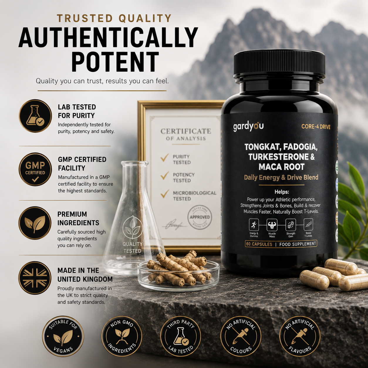 Tongkat Ali, Maca Root, Fadogia Agrestis & Tur | 60 Capsules | Food Supplement