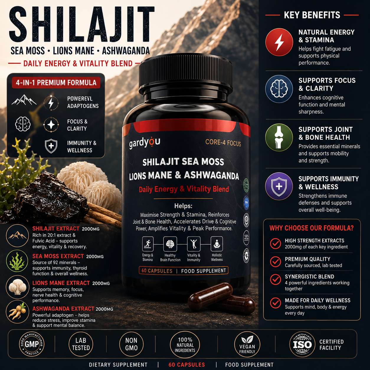 Shilajit, Sea moss, Lion's Mane & Ashwaganda | 60 Capsules | Food Supplement