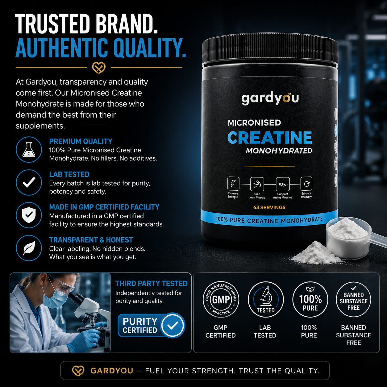 Gardyou Micronised Creatine Monohydrate 315g 63 Servings Unflavoured | UK Brand