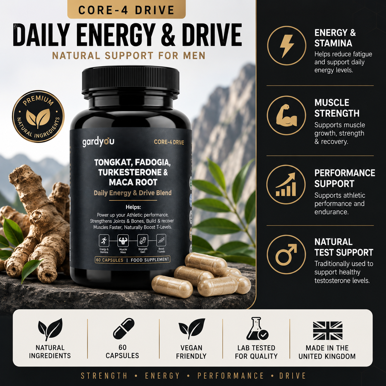 Tongkat Ali, Maca Root, Fadogia Agrestis & Tur | 60 Capsules | Food Supplement