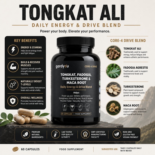 Tongkat Ali, Maca Root, Fadogia Agrestis & Tur | 60 Capsules | Food Supplement
