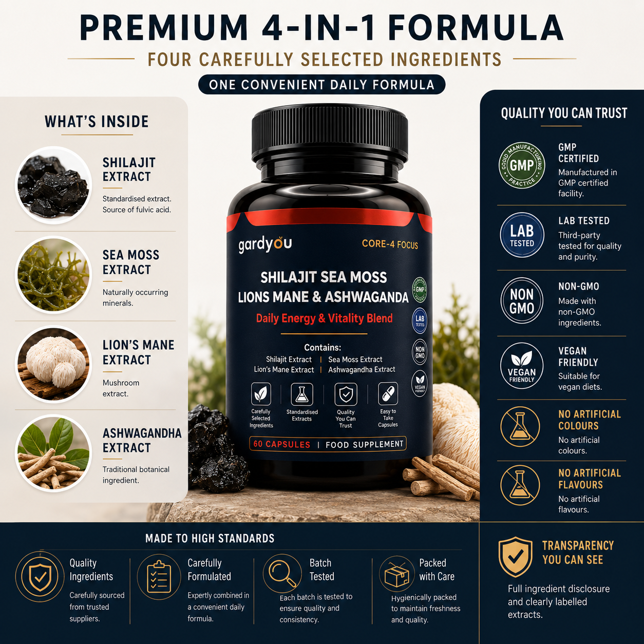 Shilajit, Sea moss, Lion's Mane & Ashwaganda | 60 Capsules | Food Supplement