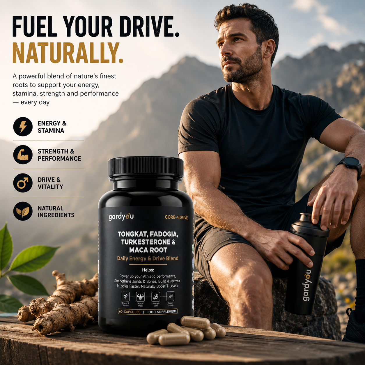 Tongkat Ali, Maca Root, Fadogia Agrestis & Tur | 60 Capsules | Food Supplement
